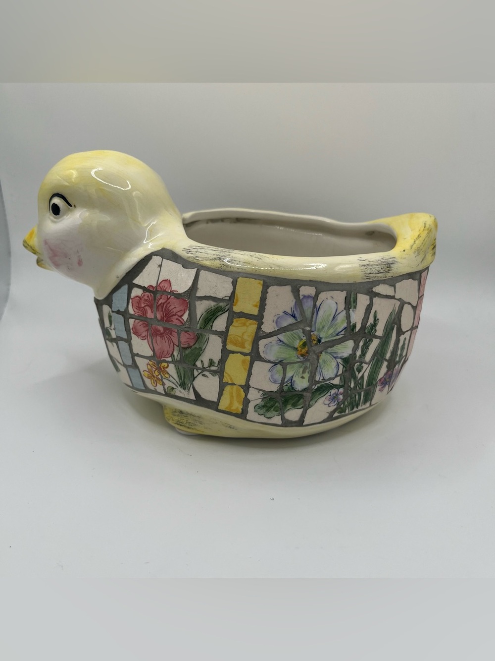 Yellow Ceramic Mosaic Tile Planter Chick Pot 9.5x6x5.5”